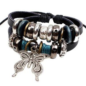 New Silver Butterfly Leather Rope Bracelet
